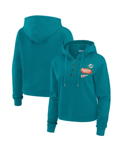 Wear By Erin Andrews Women's Aqua Miami Dolphins Waffle-knit Pullover Hoodie In Green
