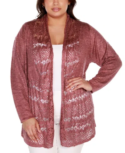 Belldini Plus Size Open-front Pointelle-trim Cardigan Sweater In Brown