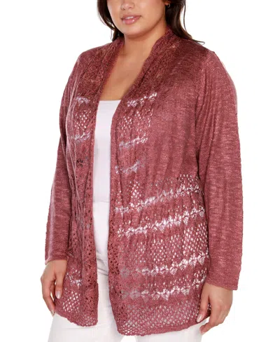 Belldini Plus Size Open-front Pointelle-trim Cardigan Sweater In Brown