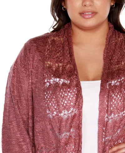 Belldini Plus Size Open-front Pointelle-trim Cardigan Sweater In Brown