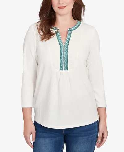 Ruby Rd. Petite Embellished Textured Split Neck Top In White
