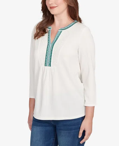 Ruby Rd. Petite Embellished Textured Split Neck Top In White