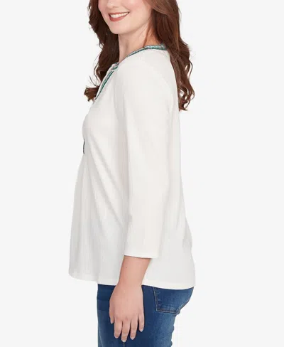 Ruby Rd. Petite Embellished Textured Split Neck Top In White