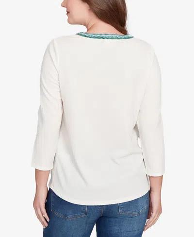 Ruby Rd. Petite Embellished Textured Split Neck Top In White