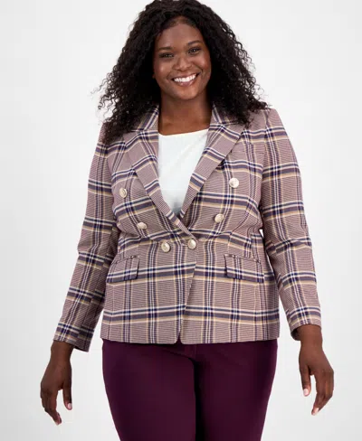 Tahari Asl Plus Size Plaid Print Double-breasted Jacket In Purple