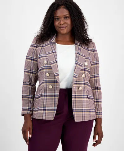 Tahari Asl Plus Size Plaid Print Double-breasted Jacket In Purple