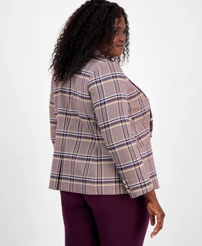 Tahari Asl Plus Size Plaid Print Double-breasted Jacket In Purple