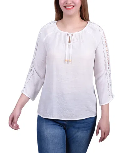 Ny Collection Petite 3/4 Sleeve Crochet Detail Top In White