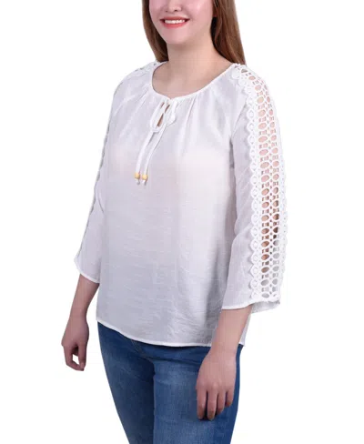 Ny Collection Petite 3/4 Sleeve Crochet Detail Top In White