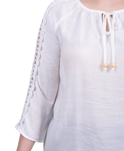 Ny Collection Petite 3/4 Sleeve Crochet Detail Top In White