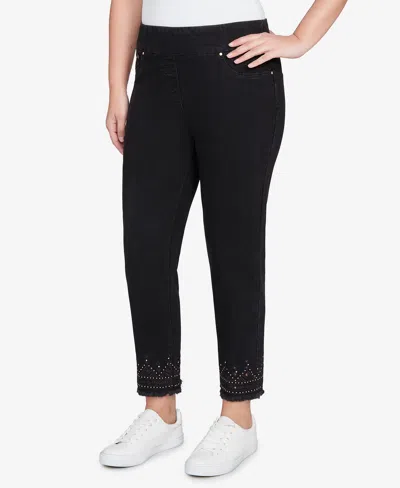 Ruby Rd. Petite Pull On Embroidered Hem Black Ankle Jeans In Black