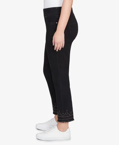 Ruby Rd. Petite Pull On Embroidered Hem Black Ankle Jeans In Black