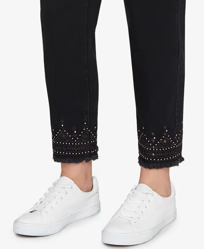 Ruby Rd. Petite Pull On Embroidered Hem Black Ankle Jeans In Black