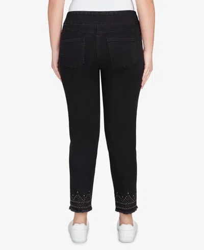 Ruby Rd. Petite Pull On Embroidered Hem Black Ankle Jeans In Black