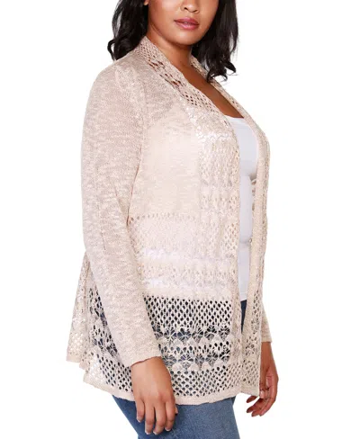 Belldini Plus Size Open-front Pointelle-trim Cardigan Sweater In Pink