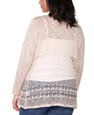 Belldini Plus Size Open-front Pointelle-trim Cardigan Sweater In Pink