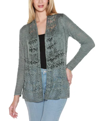 Belldini Women's Open-front Pointelle-trim Cardigan Sweater In Green