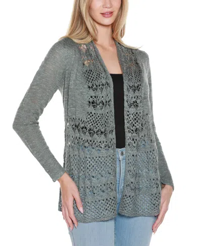 Belldini Women's Open-front Pointelle-trim Cardigan Sweater In Green
