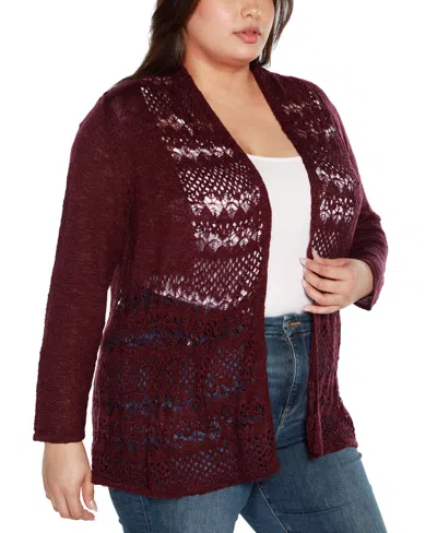 Belldini Plus Size Open-front Pointelle-trim Cardigan Sweater In Burgundy