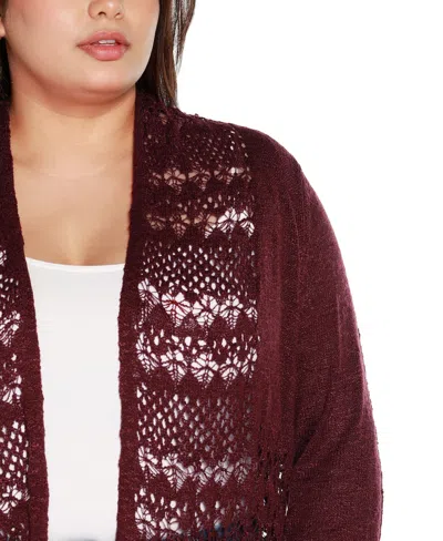 Belldini Plus Size Open-front Pointelle-trim Cardigan Sweater In Burgundy