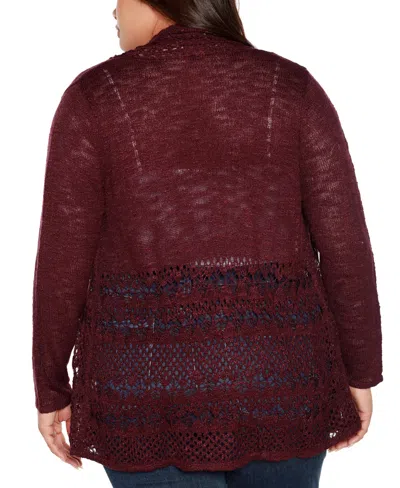 Belldini Plus Size Open-front Pointelle-trim Cardigan Sweater In Burgundy