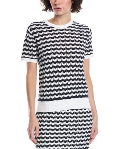 Brooks Brothers Stripe Pointelle Stitch Short Sleeve Cotton Sweater In White