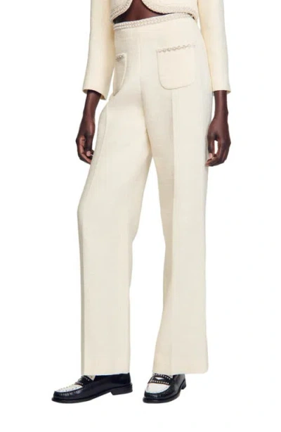 Sandro Tweed Bead-trim Tailored Trousers In White