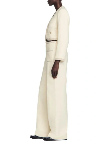 Sandro Tweed Bead-trim Tailored Trousers In White