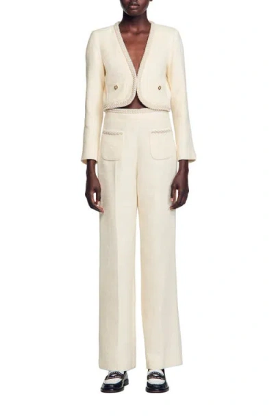 Sandro Tweed Bead-trim Tailored Trousers In White