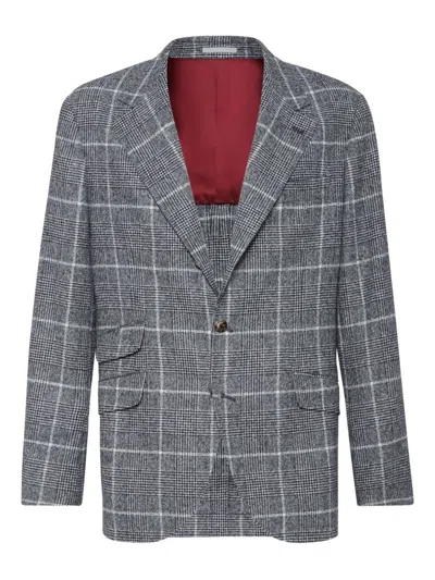 Brunello Cucinelli Deconstructed Wool Jacket Checked Pattern In Gray