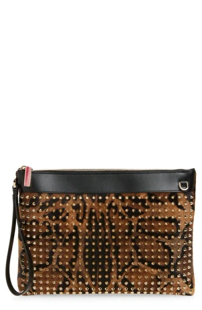 Christian Louboutin Funky Studded Genuine Calf Hair Clutch In Brown
