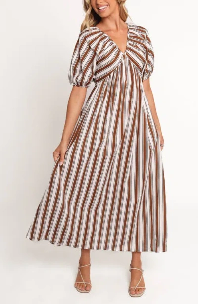 Petal And Pup Petal & Pup Sullivan Stripe Puff Sleeve Cotton & Linen Maxi Dress In Brown