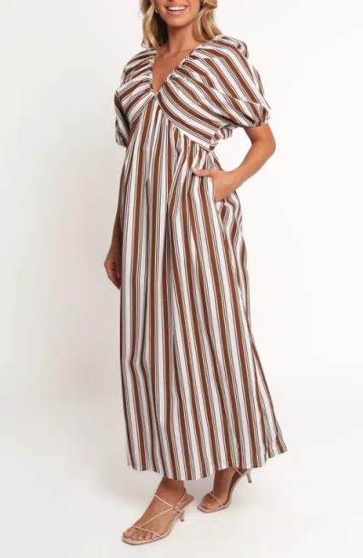 Petal And Pup Petal & Pup Sullivan Stripe Puff Sleeve Cotton & Linen Maxi Dress In Brown