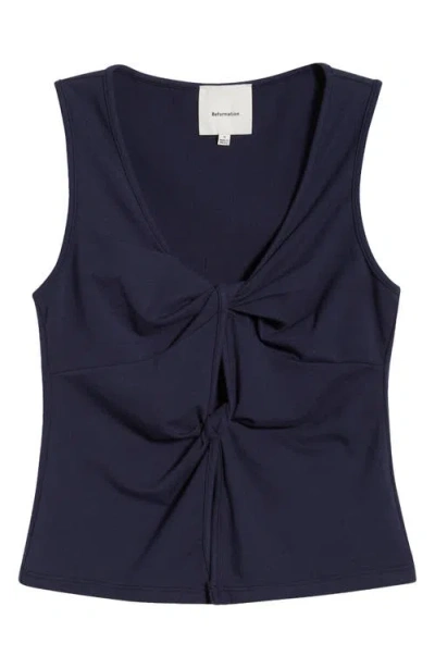 Reformation Tefi Twist Cutout Stretch Organic Cotton Tank In Blue