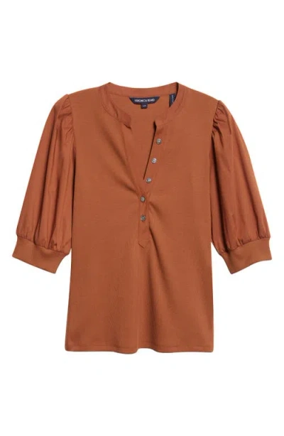 Veronica Beard Coralee Puff Sleeve Mixed Media Henley Top In Gold