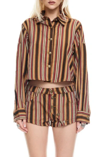Lioness Sundrenched Stripe Denim Crop Button-up Shirt In Brown