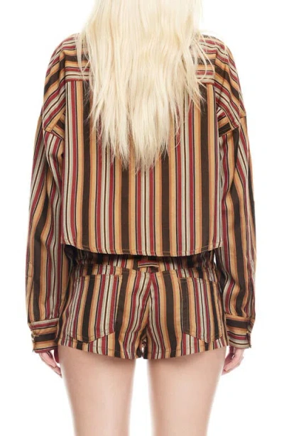 Lioness Sundrenched Stripe Denim Crop Button-up Shirt In Brown