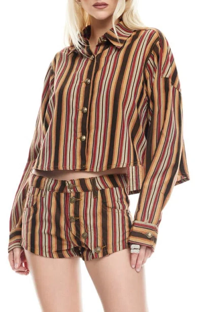 Lioness Sundrenched Stripe Denim Crop Button-up Shirt In Brown