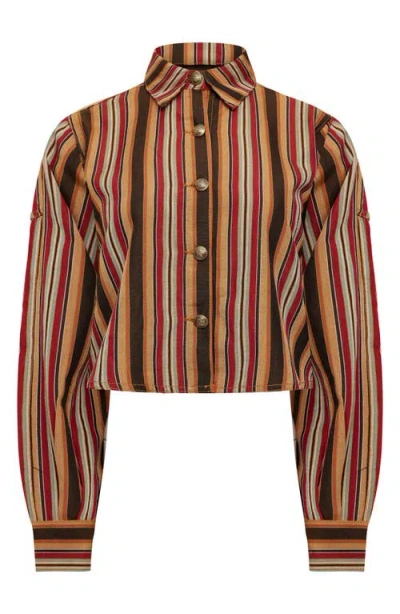 Lioness Sundrenched Stripe Denim Crop Button-up Shirt In Brown
