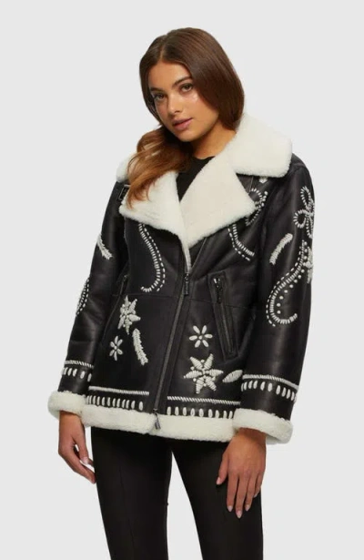 Gorski Shearling Lamb Zip Jacket With Wool Embroidery In Black