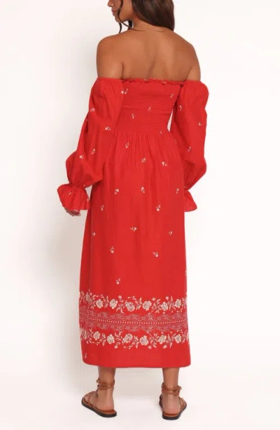 Petal And Pup Petal & Pup Domenica Smocked Off The Shoulder Linen & Cotton Midi Dress In Red