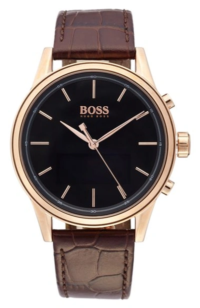 Hugo Boss Classic Leather Strap Smart Watch, 44mm In Gunmetal/ Brown