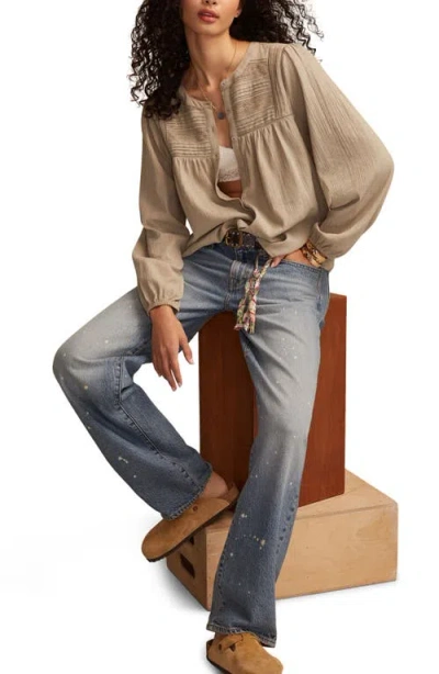 Lucky Brand Lace Inset Cotton Button-up Peasant Top In Neutral