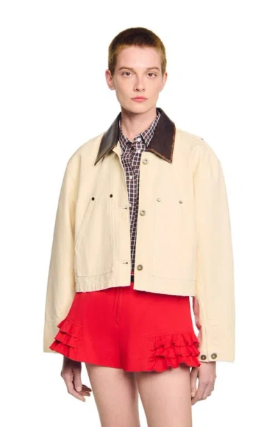 Sandro Womens Ecru Contrast-collar Cotton Workwear Jacket In Neutral
