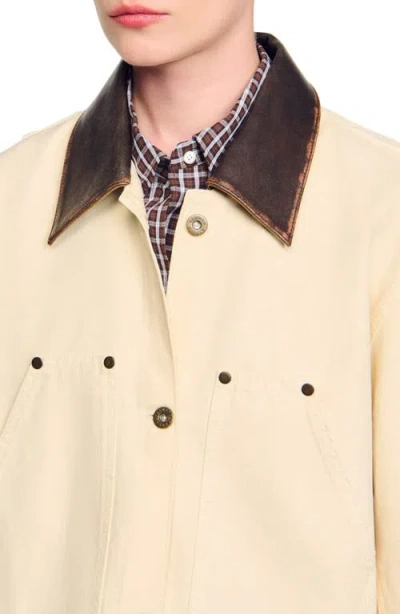 Sandro Womens Ecru Contrast-collar Cotton Workwear Jacket In Neutral
