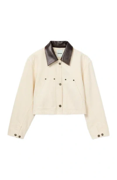 Sandro Womens Ecru Contrast-collar Cotton Workwear Jacket In Neutral
