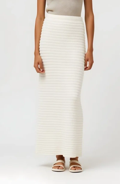 Modenaire Textured Knit Midi Skirt With Ribbed Stripe Pattern And Back Slit In White