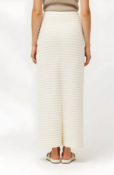 Modenaire Textured Knit Midi Skirt With Ribbed Stripe Pattern And Back Slit In White