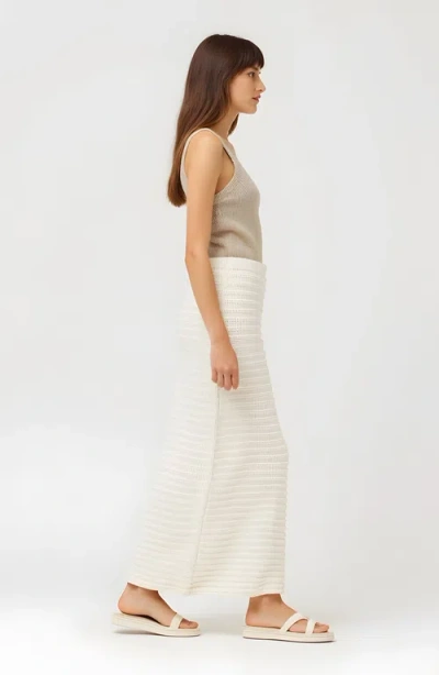 Modenaire Textured Knit Midi Skirt With Ribbed Stripe Pattern And Back Slit In White