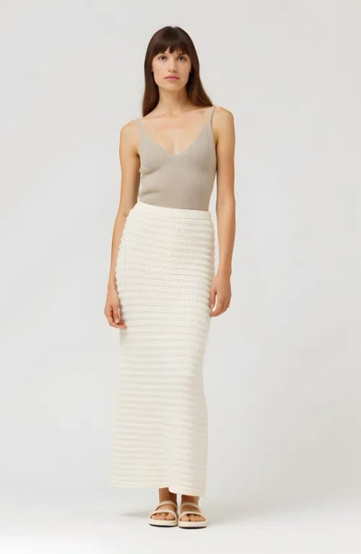 Modenaire Textured Knit Midi Skirt With Ribbed Stripe Pattern And Back Slit In White